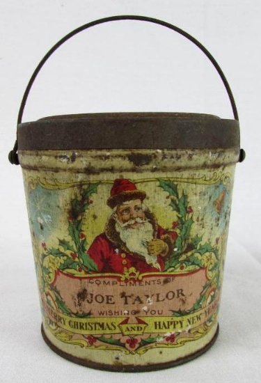 Antique Joe Taylor Peanut Butter Christmas Tin w/ Santa Claus