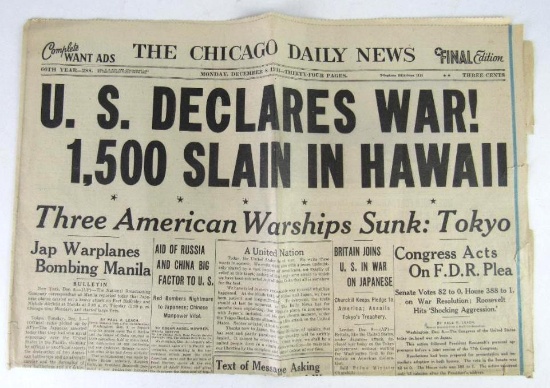 WWII Dec. 8th 1941 Pearl Harbor Attacked/U.S. Declares War Newspaper