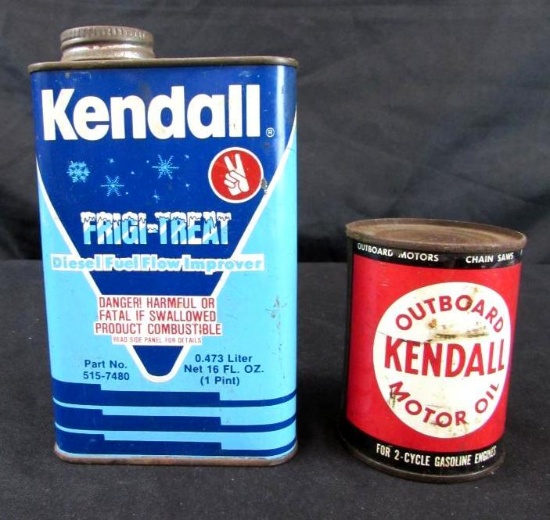 Lot (2) Vintage NOS Full Kendall Oil Metal Oil Cans. Outboard & Frigi-Treat