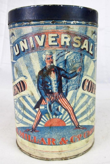 Antique Universal Coffee F.B. Millar & Co. Tin with Uncle Sam Graphics