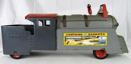 Antique c. 1940's/50's Marx Lightning Express Pressed Steel Ride-On Locomotive Toy