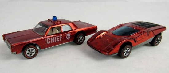 Lot (2) Vintage 1960's Redline Hot Wheels- Fire Chief Cruiser, Ferrari 512S- Red