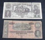 (2) 1861 Confederate States Civil War Notes $10 & $20