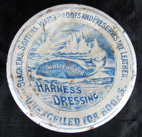 Image showcasing Antique Whale Amber Harness Dressing Advertising Tin (For Horse Hoofs ...
