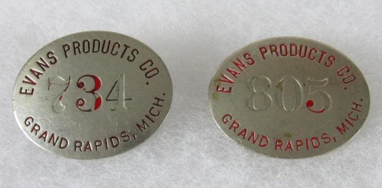 Lot (2) Antique Evans Products (Grand Rapids, Mich) Employee Plant Badges