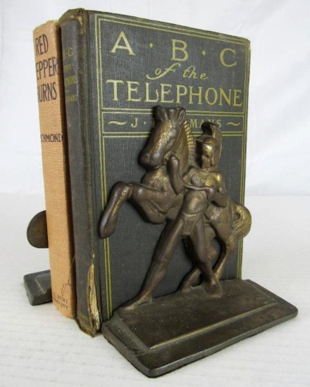 Antique Cast Iron Gladiator / Trojan Warrior w/ Horse Figural Bookends