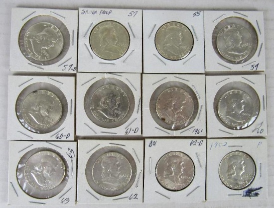Lot (12) 1952-1963 Franklin Silver Half Dollars