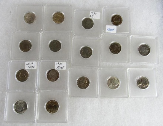 Lot (16) High Grade Vintage US .05 Nickels. Wartime, Proof, Buffalo