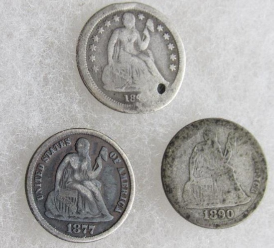 1846-O, 1877-CC, 1890 Seated Liberty Silver Dimes