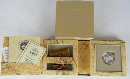 Beautiful 2004 Lewis & Clark US Mint Silver Proof Dollar w/ Native American Pouch Set