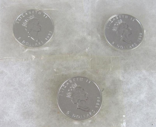Lot (3) 1992, 1993, & 1994 Canadian .999 Pure Silver $5.00 Coins (Sealed)