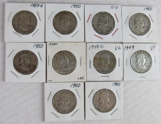 Lot (10) 1948-1953 Franklin Silver Half Dollars