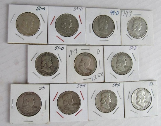 Lot (11) Mixed Date Franklin Silver Half Dollars