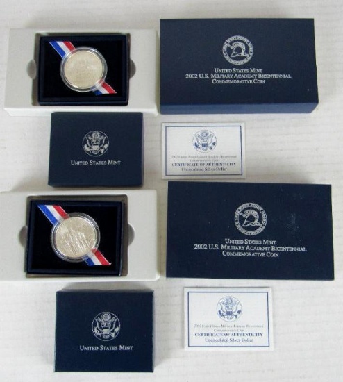 Lot (2) 2002 US Military Academy Bicentennial Silver Dollar Coins MIB