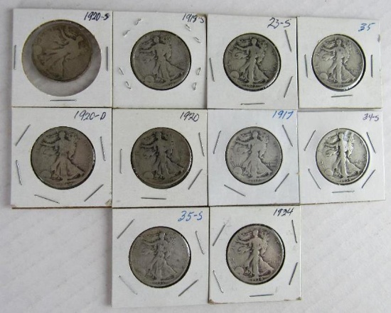 Lot (10) 1917-1934 Walking Liberty Silver Half Dollars Mixed Dates