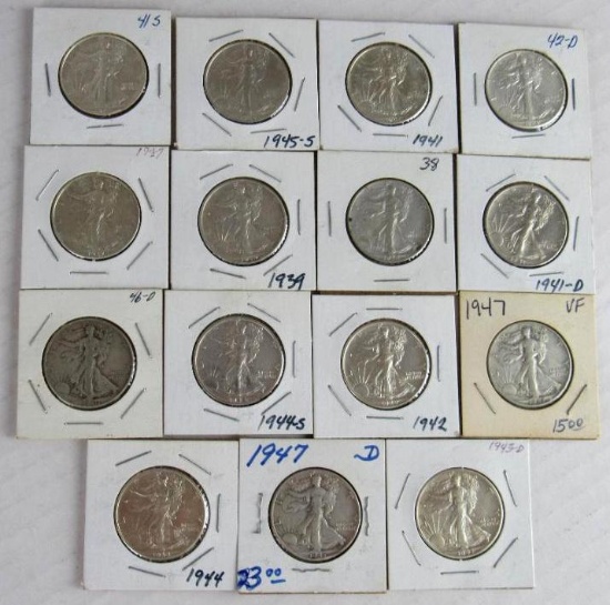 Lot (15) 1937-1947 Mixed Date Walking Liberty Silver Half Dollars