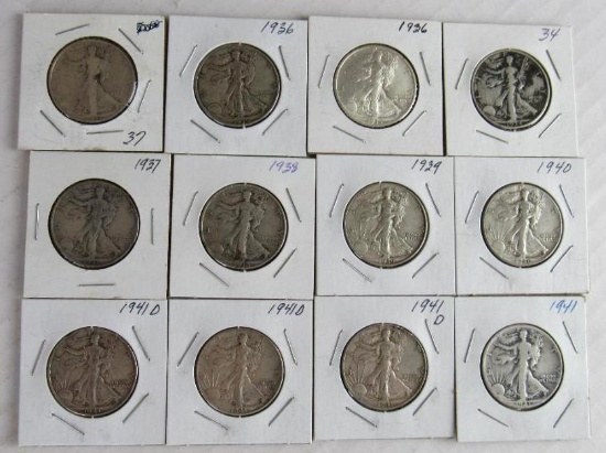 Lot (12) 1934-1941 Walking Liberty Silver Half Dollars