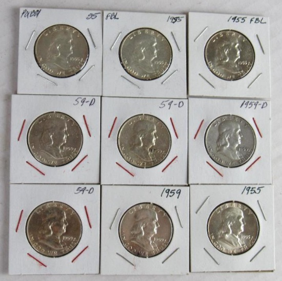 Lot (9) 1955, 1959 & 1959-D Franklin Silver Half Dollars