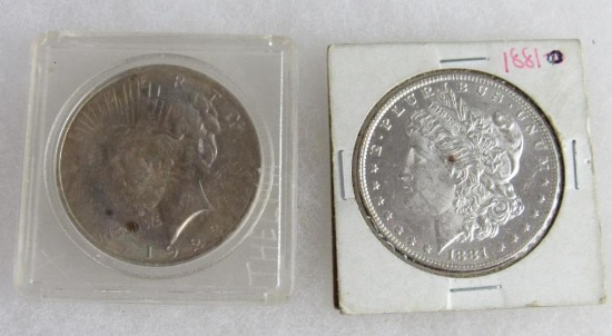 Lot (2) US 90% Silver Dollars. 1881 O Morgan, 1923 Peace