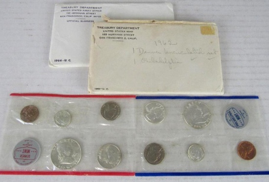 Lot (2) 1962 & 1964 P& D Silver Mint UNC Sets in Original Envelope
