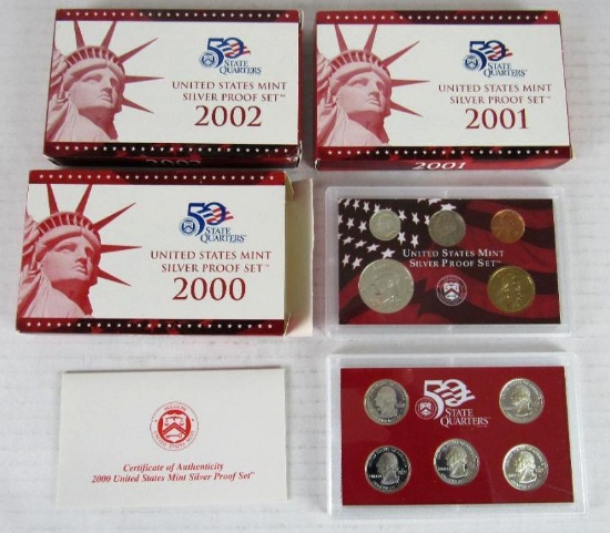 Lot (3) 2000, 2001, & 2002 US 90% Silver Proof Sets