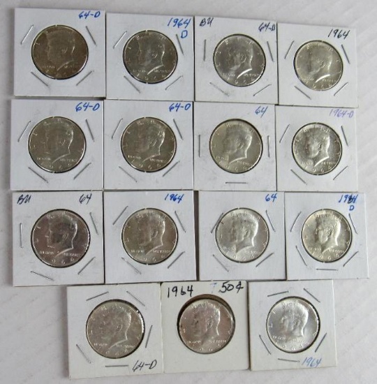 Lot (15) 1964 & 1964-D Kennedy Silver Half Dollars