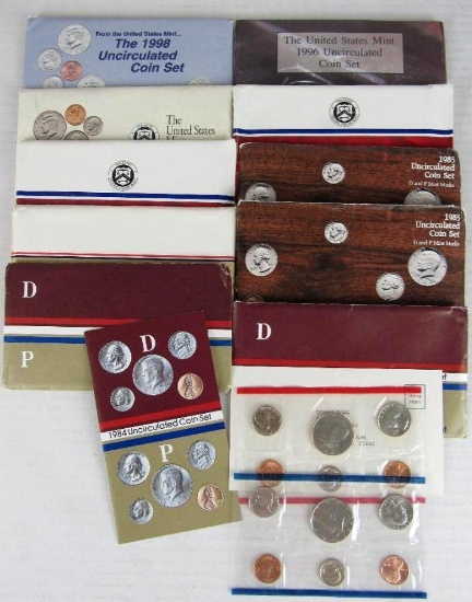 Lot (10) 1984 - 1998 US P & D Mint UNC Coins Sets in Original Envelope