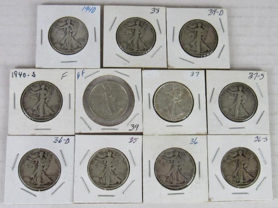 Lot (11) 1935-1940 Walking Liberty Silver Half Dollars Mixed Dates