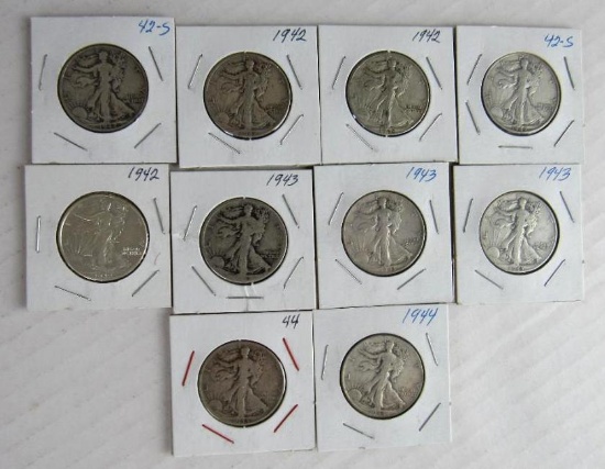 Lot (10) 1942-1944 Walking Liberty Silver Half Dollars