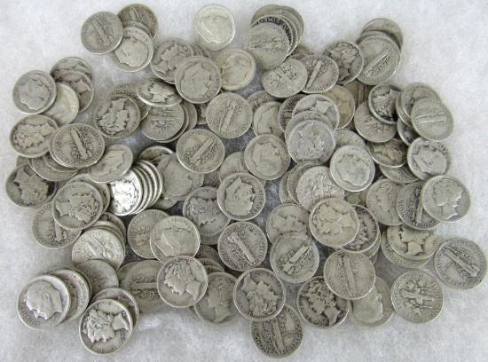 Lot (150) Mixed Date Silver Mercury & Roosevelt Dimes (15.00 Face Value)
