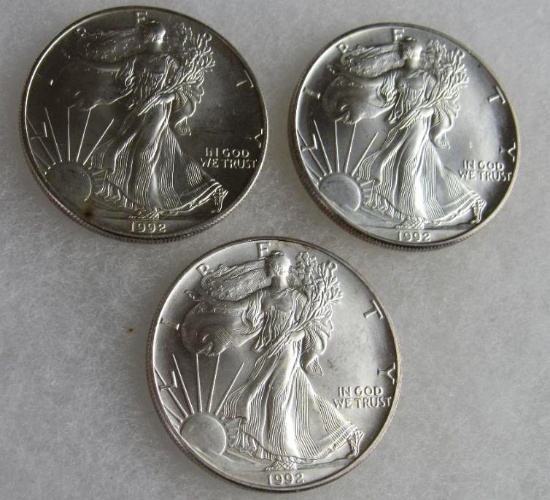 Lot (3) 1992 US .999 Silver Eagle Dollar Coins