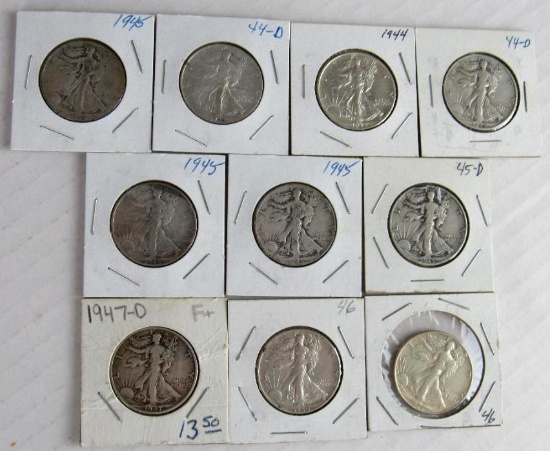 Lot (10) 1944-1947 Walking Liberty Silver Half Dollars