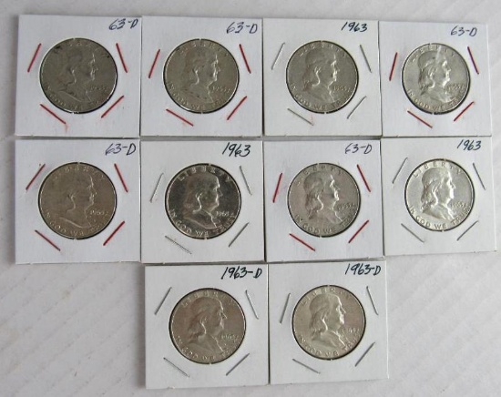 Lot (10) 1963 & 1963-D Franklin Silver Half Dollars