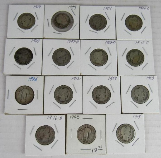 Lot (15) 1899-1926 Barber & Standing Liberty Silver Quarters