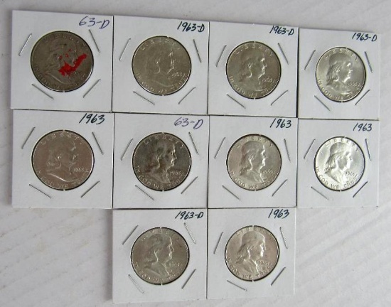 Lot (10) 1963 & 1963-D Franklin Silver Half Dollars