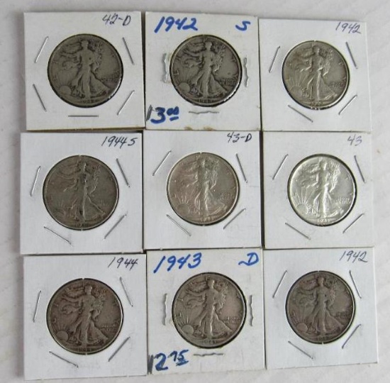 Lot (9) 1942-1944 Walking Liberty Silver Half Dollars