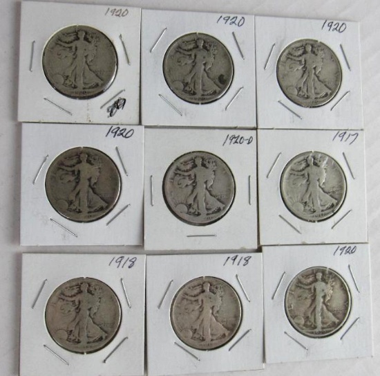 Lot (9) 1917-1920 Walking Liberty Silver Half Dollars