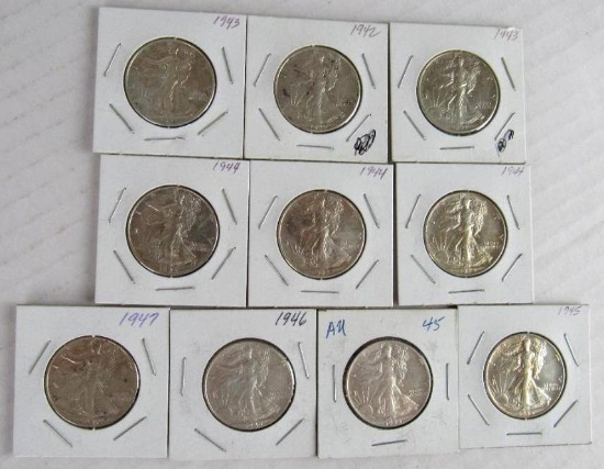 Lot (10) 1940's Mixed Date Walking Liberty Silver Half Dollars