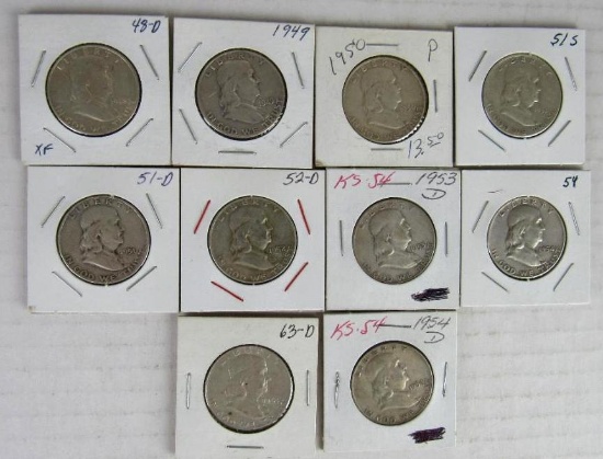 Lot (10) 1948-1963 Franklin Silver Half Dollars