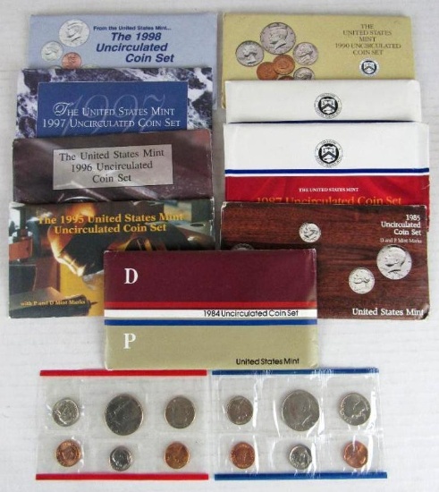 Lot (9) 1984 - 1998 US P & D Mint UNC Coins Sets in Original Envelope