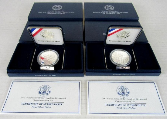 Lot (2) 2002 US Military Academy Bicentennial Silver Dollar Proof Coins MIB
