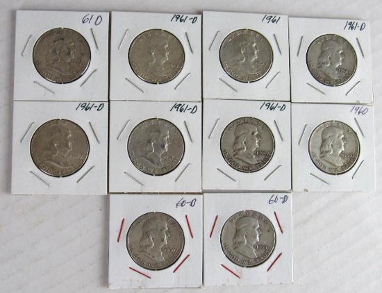 Lot (10) 1960, 1960-D, 1961, & 1961-D Franklin Silver Half Dollars