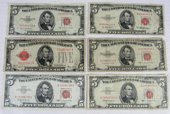 Lot (6) $5 Red Seal Notes- 1928, 1953, 1963
