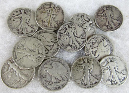 Lot (12) Mixed Date 1930's Walking Liberty Silver Half Dollars