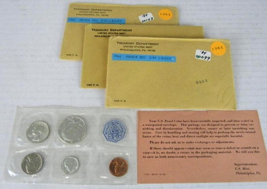 Lot (3) 1964 P Silver Mint Proof Sets in Original Envelope