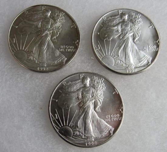 Lot (3) 1992 US .999 Silver Eagle Dollar Coins