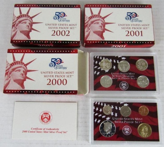 Lot (3) 2000, 2001, & 2002 US 90% Silver Proof Sets
