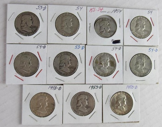Lot (11) 1953-D, 1954, 1954-D Franklin Silver Half Dollars
