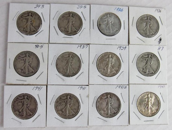 Lot (12) 1934-1941 Walking Liberty Silver Half Dollars