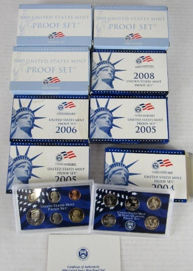Lot (8) 2004 - 2009 US Proof Sets w/ Dollars & State Quarters MIB